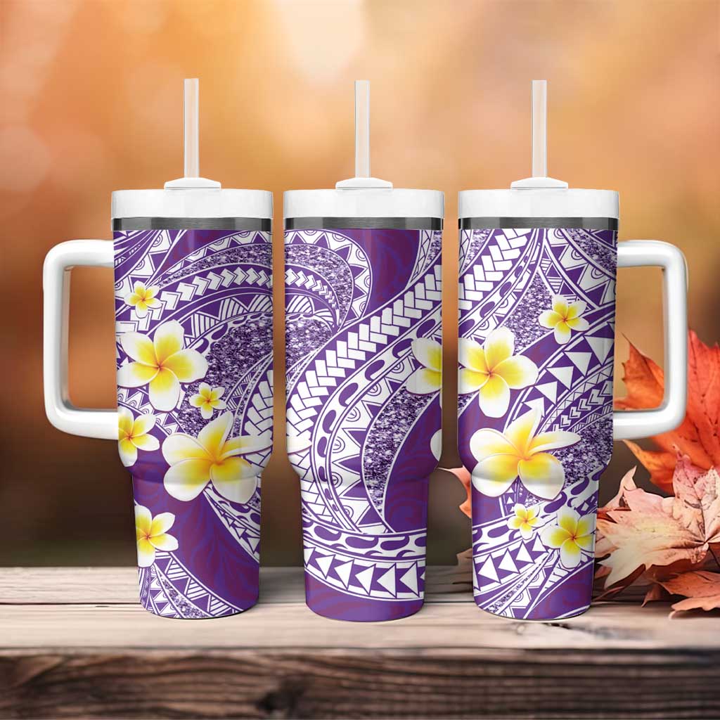 Plumeria Polynesian Purple Glitter Pattern Tumbler With Handle