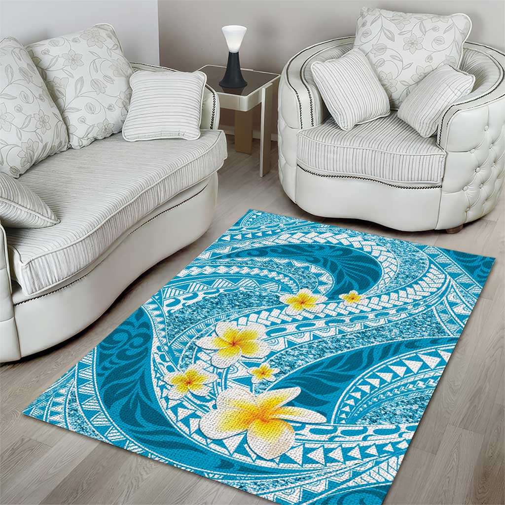 Plumeria Polynesian Sky Blue Glitter Pattern Area Rug