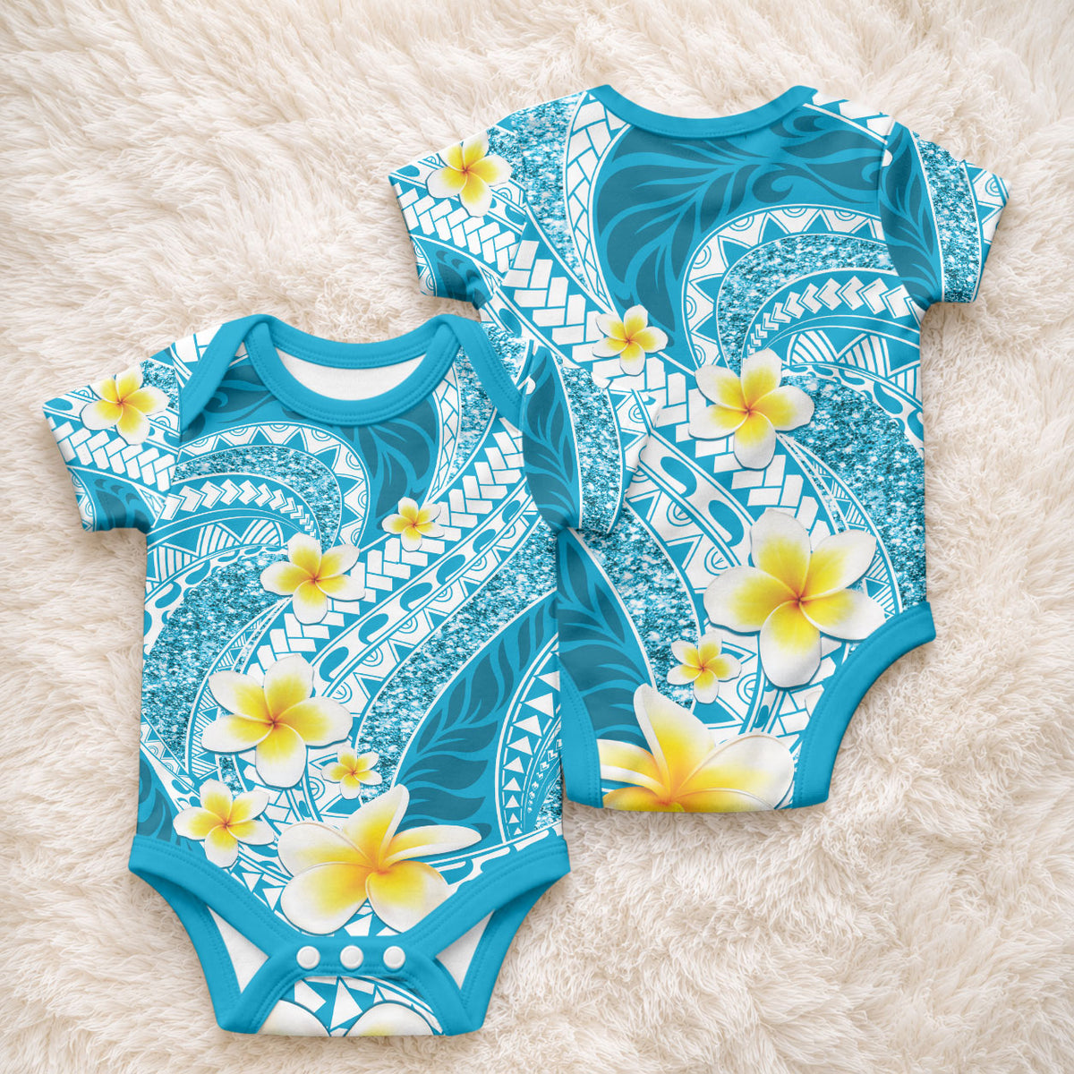 Plumeria Polynesian Sky Blue Glitter Pattern Baby Onesie LT01 - Polynesian Pride