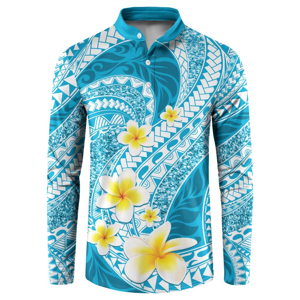 Plumeria Polynesian Sky Blue Glitter Pattern Button Sweatshirt