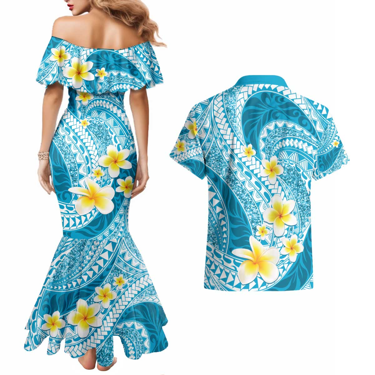 Plumeria Polynesian Sky Blue Glitter Pattern Couples Matching Mermaid Dress and Hawaiian Shirt