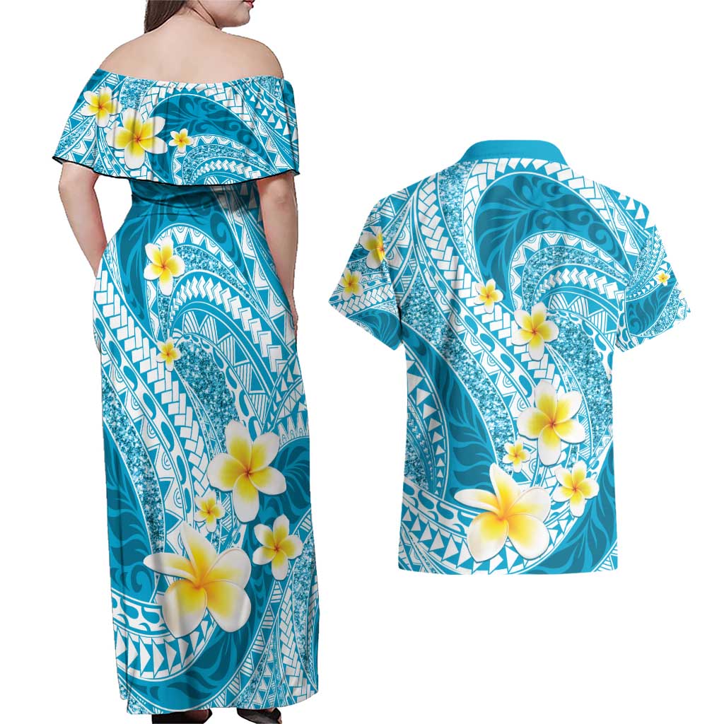 Plumeria Polynesian Sky Blue Glitter Pattern Couples Matching Off Shoulder Maxi Dress and Hawaiian Shirt