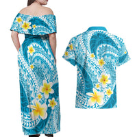 Plumeria Polynesian Sky Blue Glitter Pattern Couples Matching Off Shoulder Maxi Dress and Hawaiian Shirt
