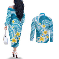 Plumeria Polynesian Sky Blue Glitter Pattern Couples Matching Off The Shoulder Long Sleeve Dress and Long Sleeve Button Shirt