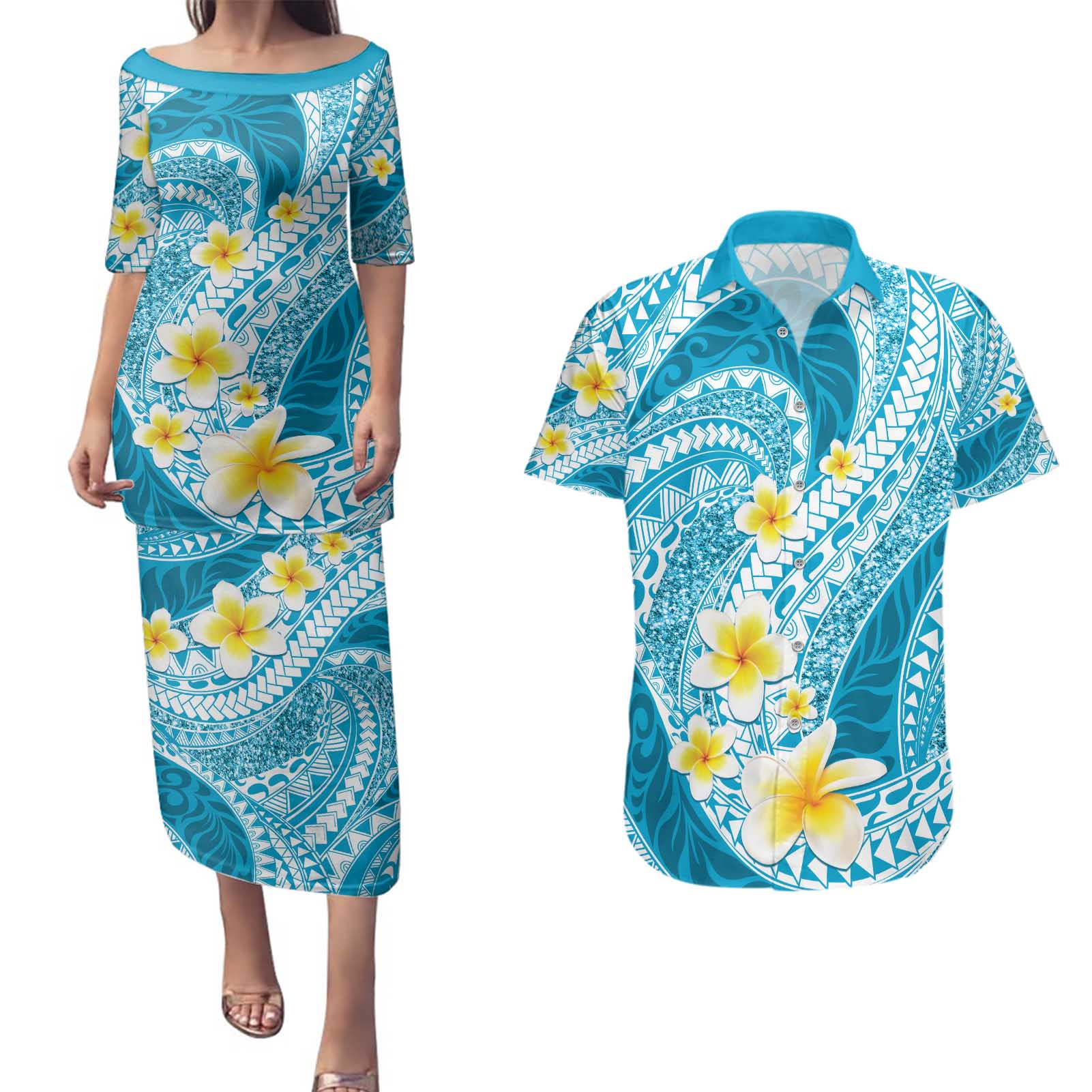 Plumeria Polynesian Sky Blue Glitter Pattern Couples Matching Puletasi and Hawaiian Shirt