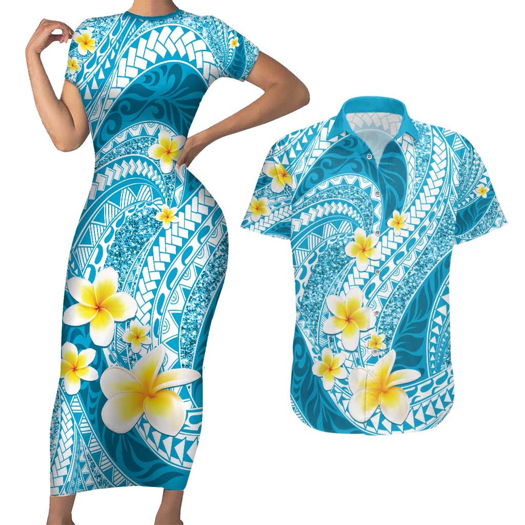 Plumeria Polynesian Sky Blue Glitter Pattern Couples Matching Short Sleeve Bodycon Dress and Hawaiian Shirt