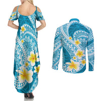 Plumeria Polynesian Sky Blue Glitter Pattern Couples Matching Summer Maxi Dress and Long Sleeve Button Shirt