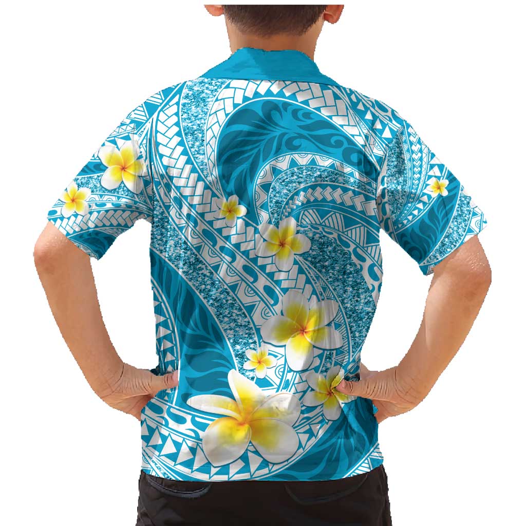 Plumeria Polynesian Sky Blue Glitter Pattern Family Matching Mermaid Dress and Hawaiian Shirt