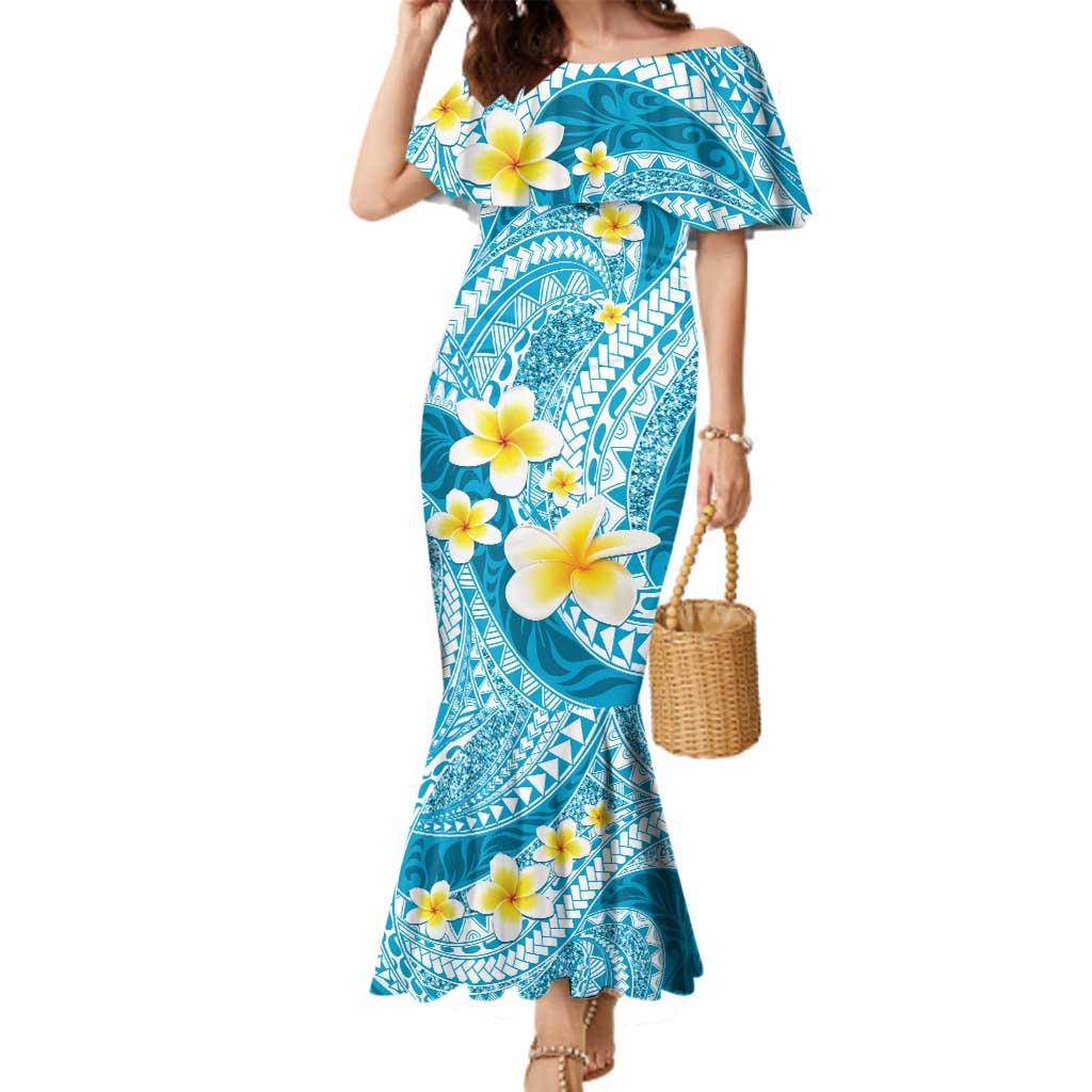 Plumeria Polynesian Sky Blue Glitter Pattern Family Matching Mermaid Dress and Hawaiian Shirt