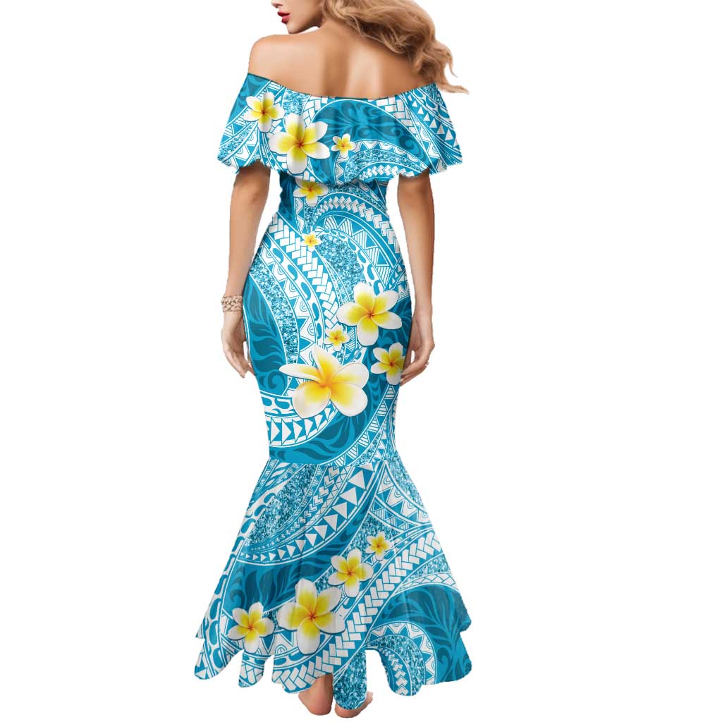 Plumeria Polynesian Sky Blue Glitter Pattern Family Matching Mermaid Dress and Hawaiian Shirt
