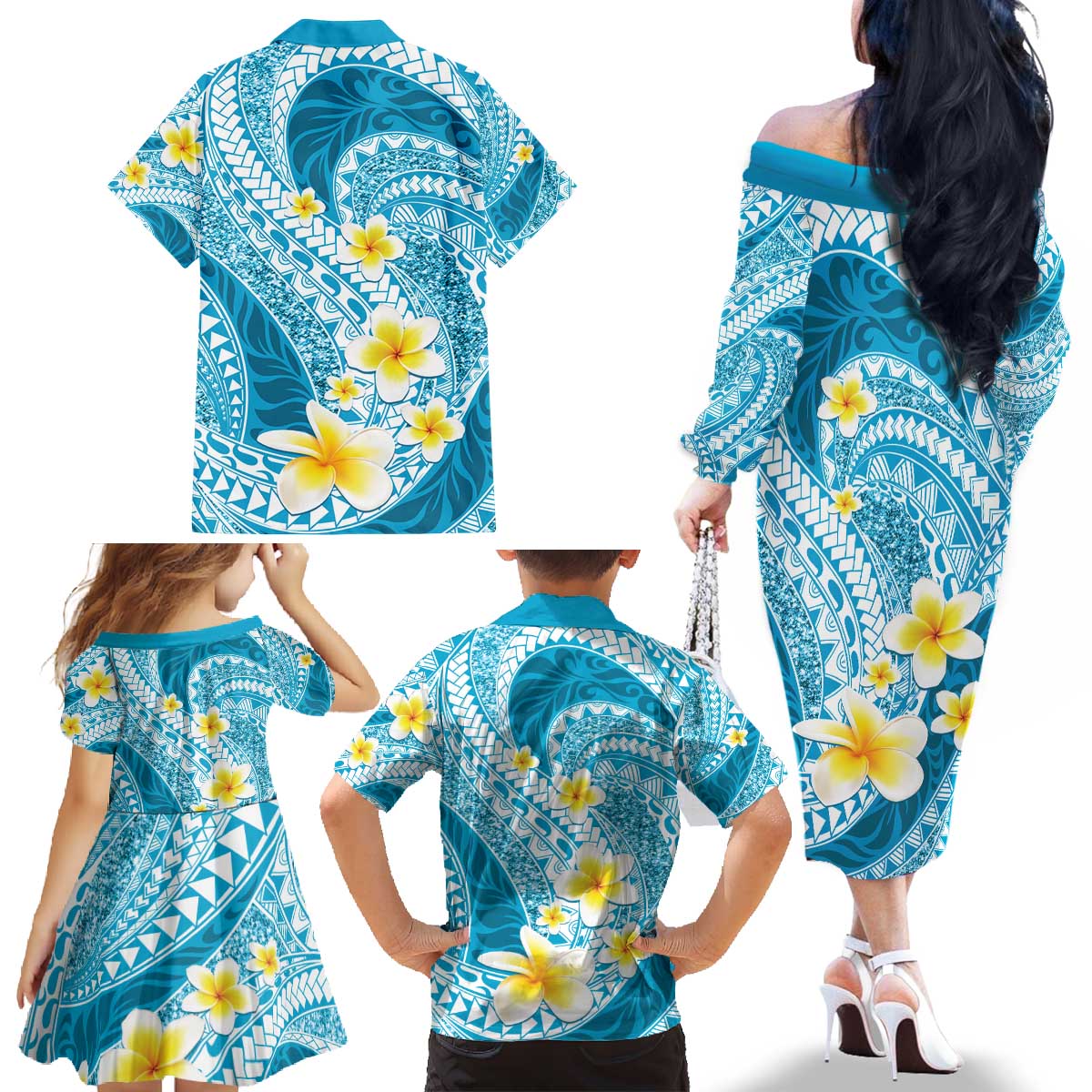 Plumeria Polynesian Sky Blue Glitter Pattern Family Matching Off The Shoulder Long Sleeve Dress and Hawaiian Shirt