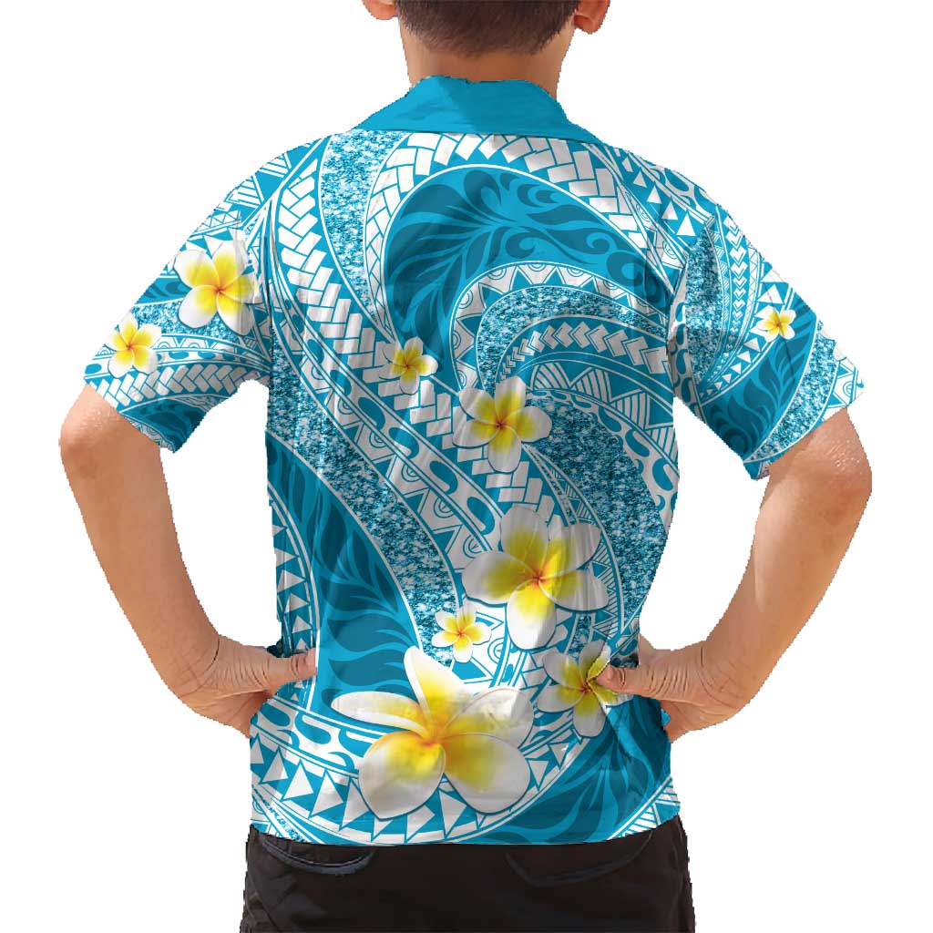 Plumeria Polynesian Sky Blue Glitter Pattern Family Matching Off Shoulder Maxi Dress and Hawaiian Shirt