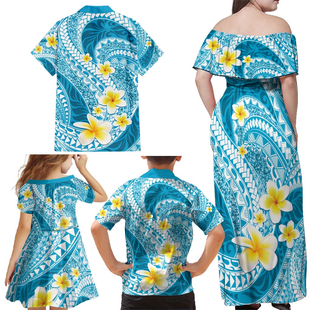Plumeria Polynesian Sky Blue Glitter Pattern Family Matching Off Shoulder Maxi Dress and Hawaiian Shirt