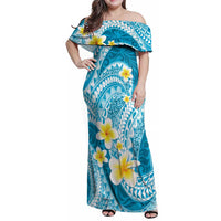 Plumeria Polynesian Sky Blue Glitter Pattern Family Matching Off Shoulder Maxi Dress and Hawaiian Shirt
