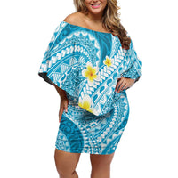 Plumeria Polynesian Sky Blue Glitter Pattern Family Matching Off Shoulder Short Dress and Hawaiian Shirt