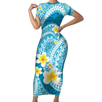 Plumeria Polynesian Sky Blue Glitter Pattern Family Matching Short Sleeve Bodycon Dress and Hawaiian Shirt