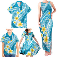 Plumeria Polynesian Sky Blue Glitter Pattern Family Matching Tank Maxi Dress and Hawaiian Shirt