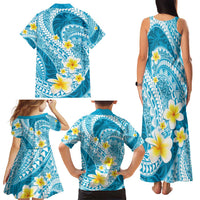 Plumeria Polynesian Sky Blue Glitter Pattern Family Matching Tank Maxi Dress and Hawaiian Shirt