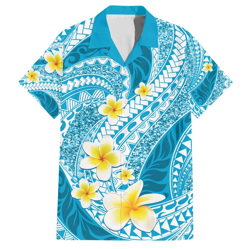 Plumeria Polynesian Sky Blue Glitter Pattern Family Matching Tank Maxi Dress and Hawaiian Shirt