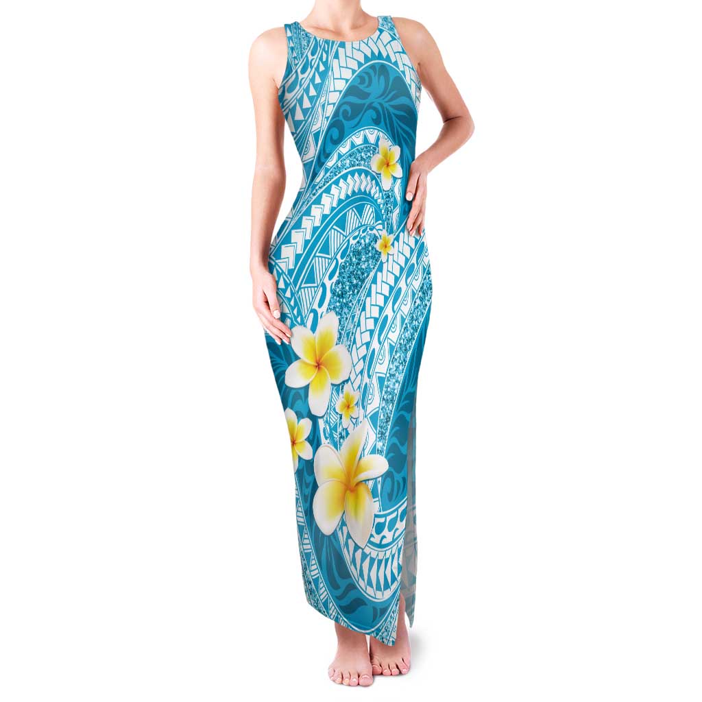 Plumeria Polynesian Sky Blue Glitter Pattern Family Matching Tank Maxi Dress and Hawaiian Shirt