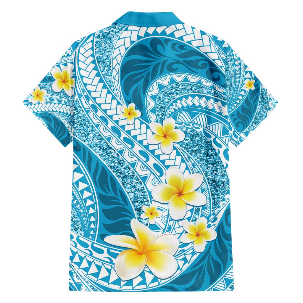 Plumeria Polynesian Sky Blue Glitter Pattern Hawaiian Shirt