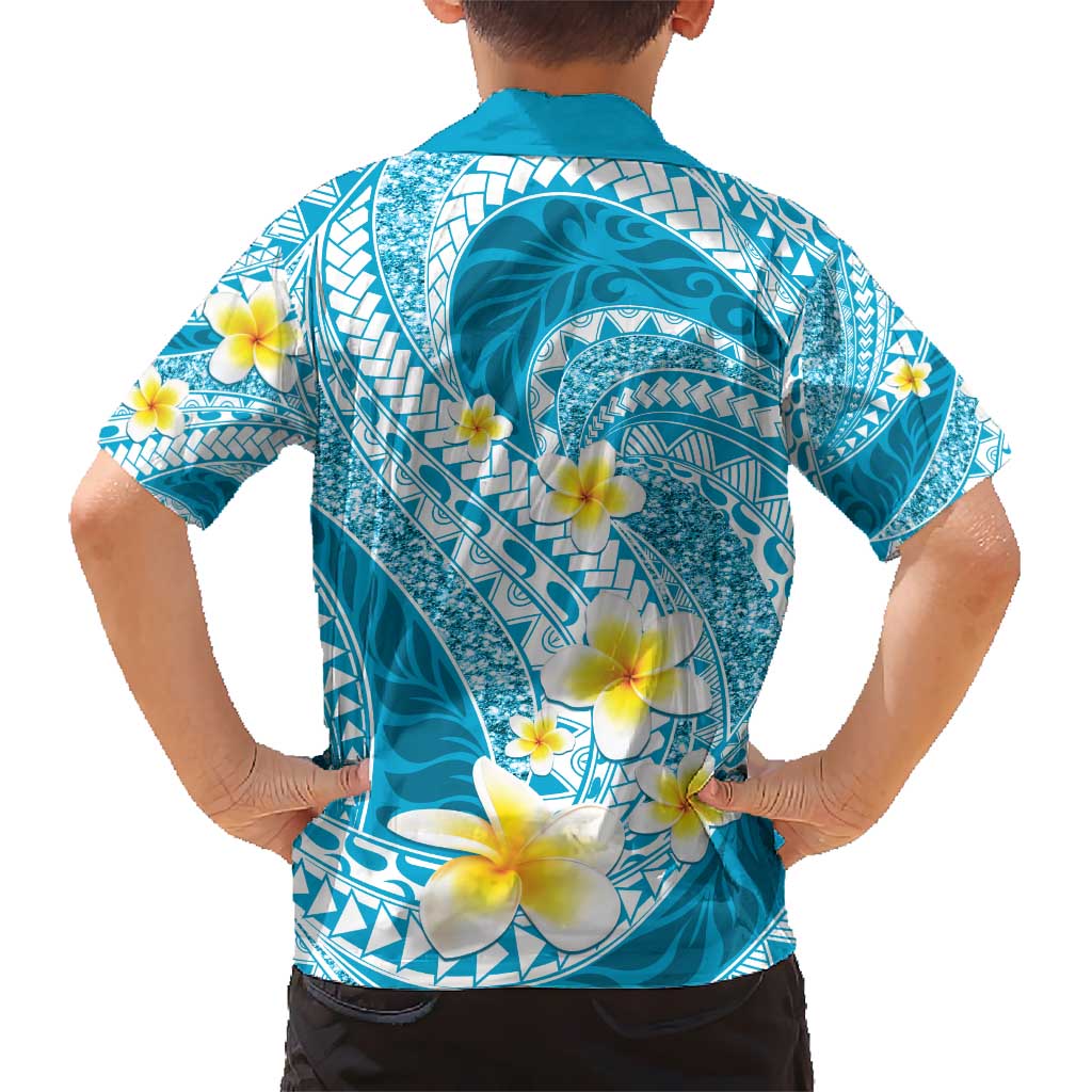 Plumeria Polynesian Sky Blue Glitter Pattern Hawaiian Shirt