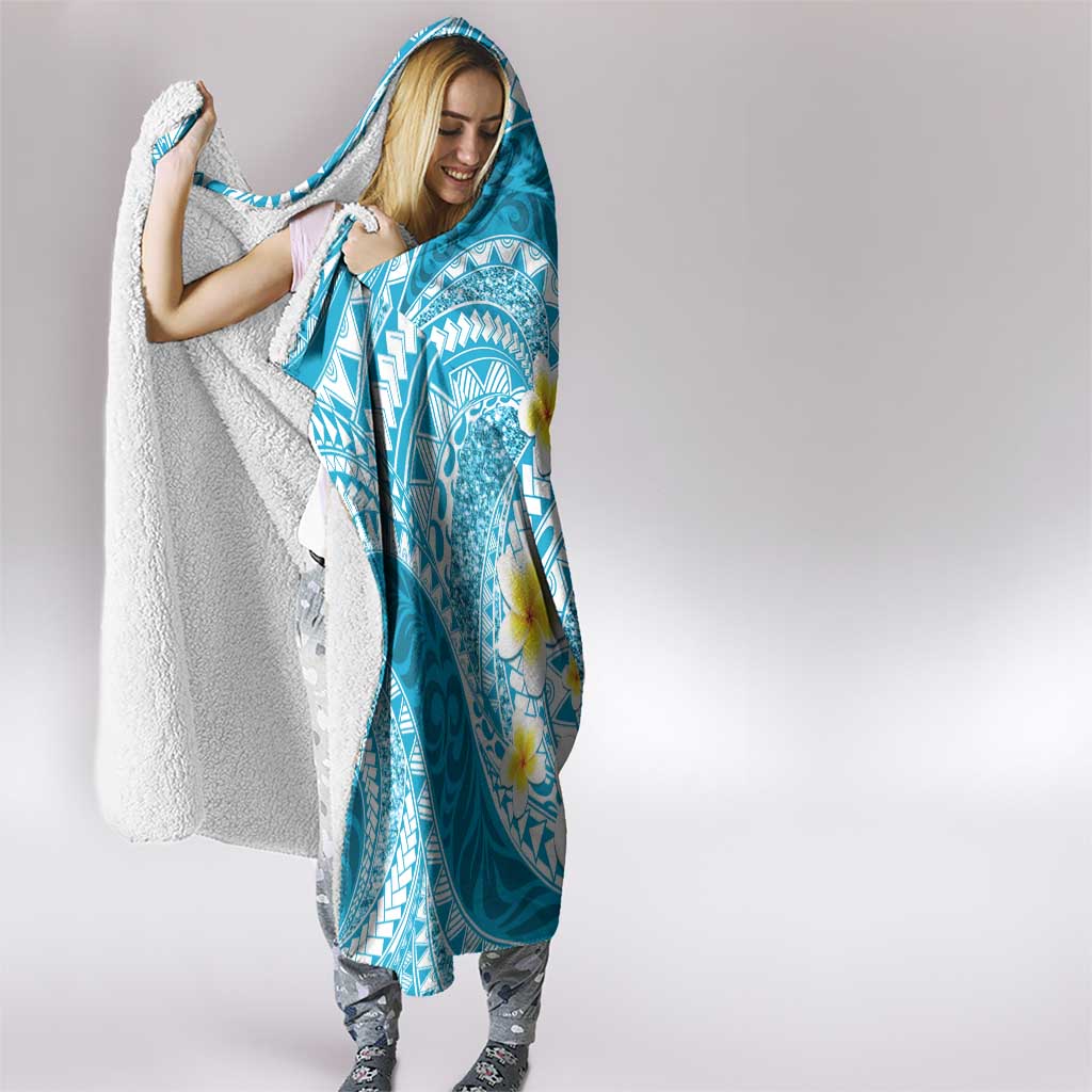 Plumeria Polynesian Sky Blue Glitter Pattern Hooded Blanket