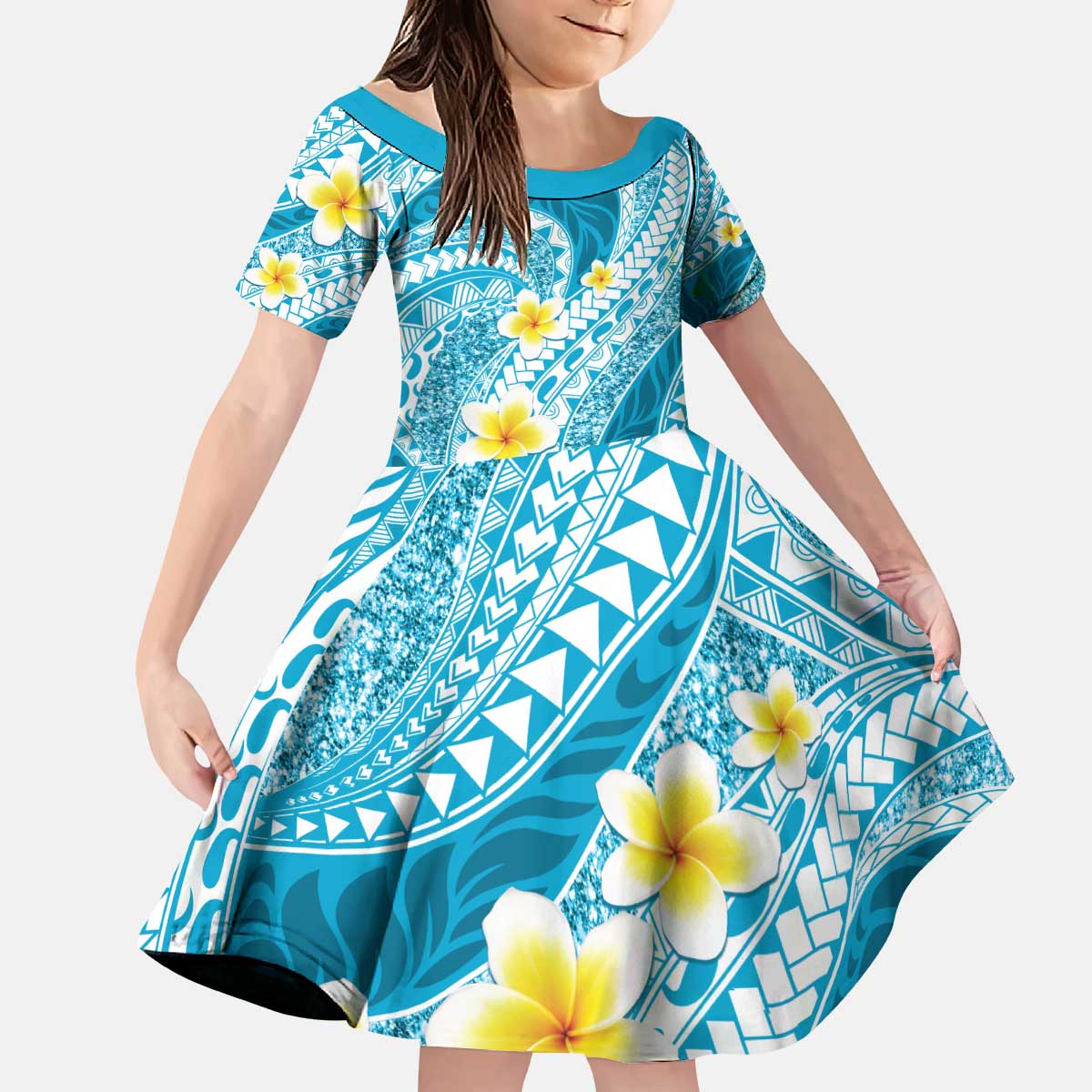 Plumeria Polynesian Sky Blue Glitter Pattern Kid Short Sleeve Dress LT01 KID Sky Blue - Polynesian Pride