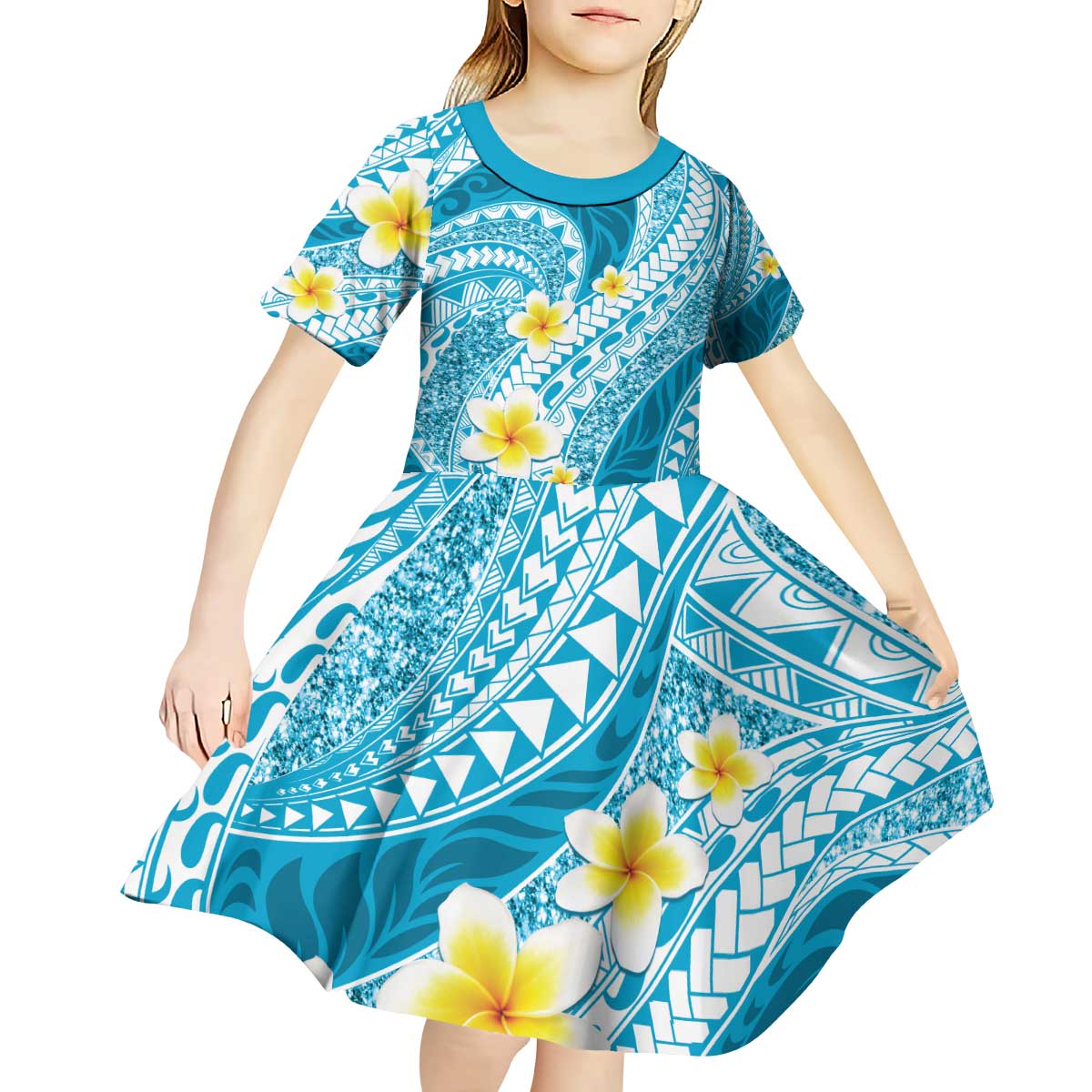 Plumeria Polynesian Sky Blue Glitter Pattern Kid Short Sleeve Dress LT01 - Polynesian Pride