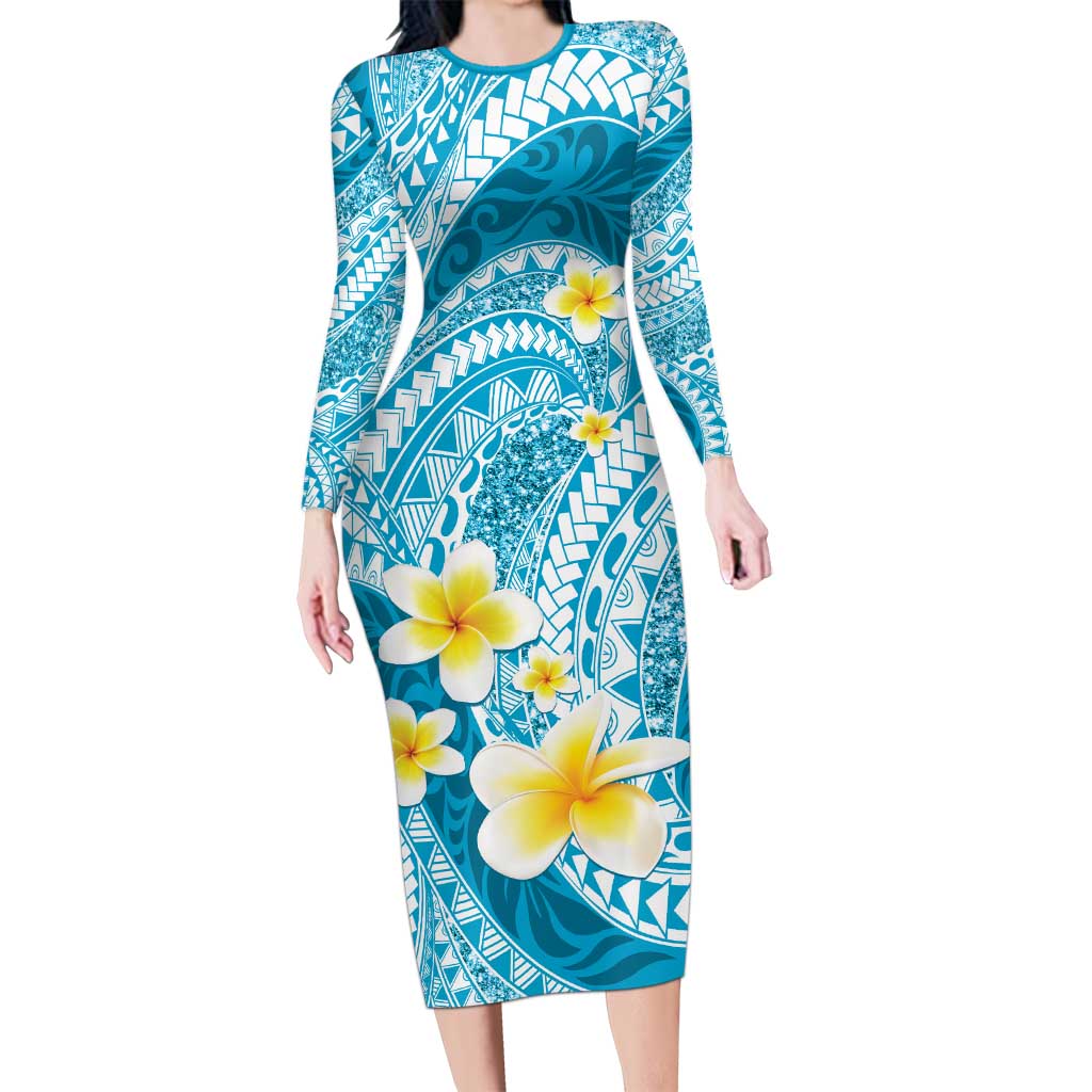 Plumeria Polynesian Sky Blue Glitter Pattern Long Sleeve Bodycon Dress