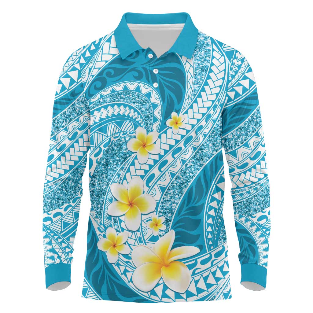 Plumeria Polynesian Sky Blue Glitter Pattern Long Sleeve Polo Shirt LT01 Sky Blue - Polynesian Pride