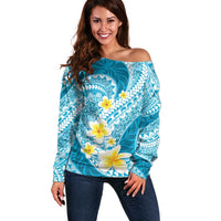Plumeria Polynesian Sky Blue Glitter Pattern Off Shoulder Sweater