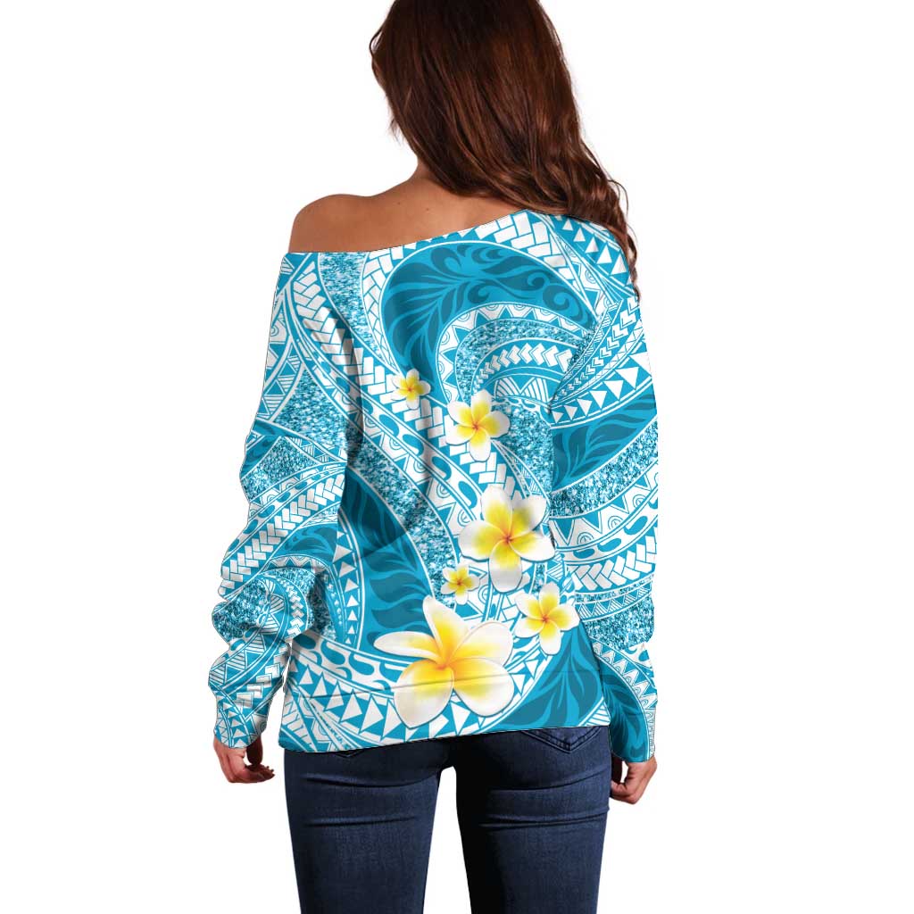 Plumeria Polynesian Sky Blue Glitter Pattern Off Shoulder Sweater
