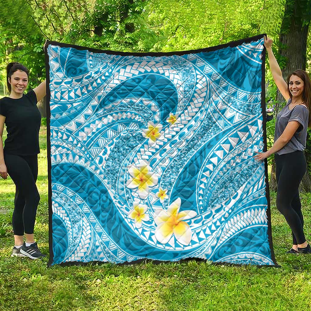 Plumeria Polynesian Sky Blue Glitter Pattern Quilt
