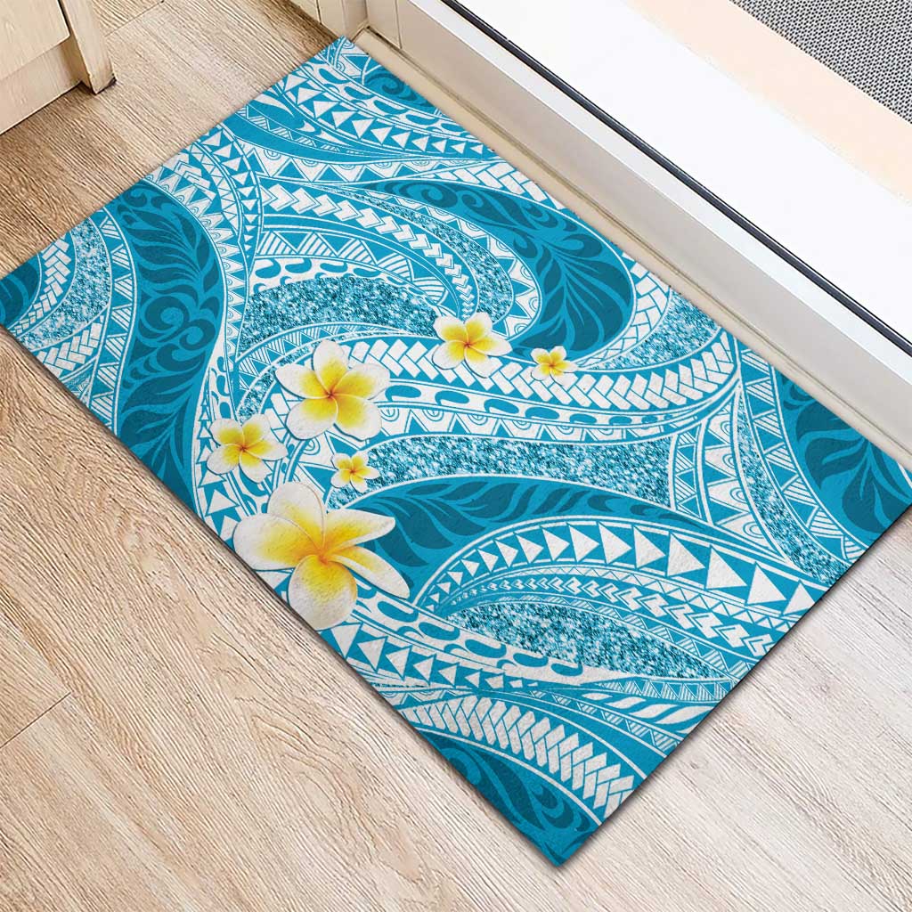 Plumeria Polynesian Sky Blue Glitter Pattern Rubber Doormat