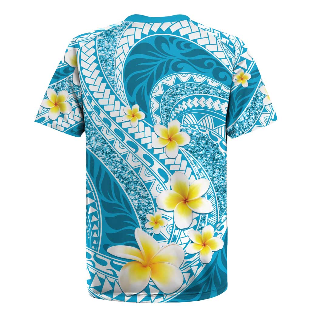 Plumeria Polynesian Sky Blue Glitter Pattern Rugby Jersey