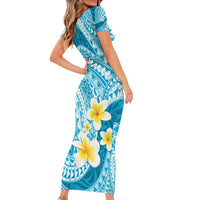 Plumeria Polynesian Sky Blue Glitter Pattern Short Sleeve Bodycon Dress