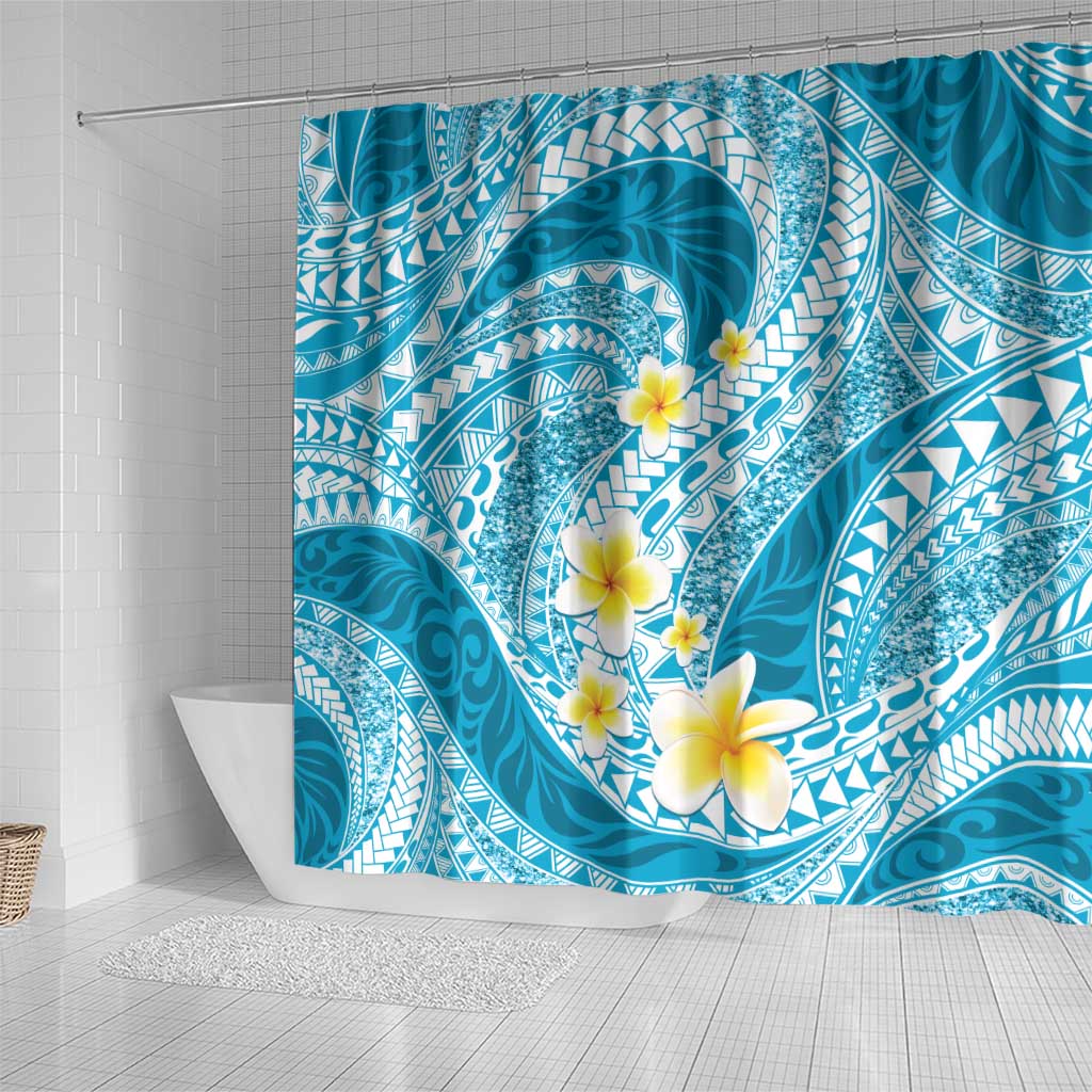 Plumeria Polynesian Sky Blue Glitter Pattern Shower Curtain