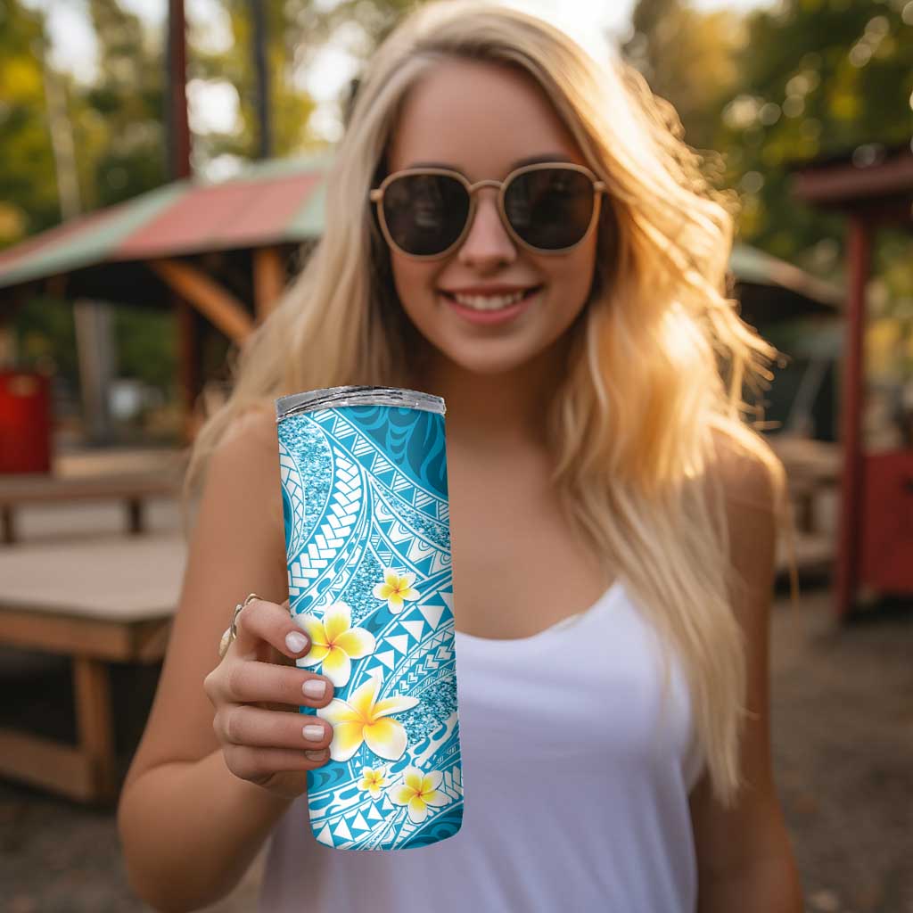 Plumeria Polynesian Sky Blue Glitter Pattern Skinny Tumbler