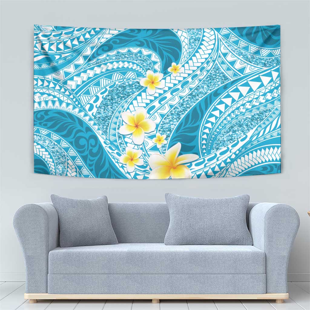 Plumeria Polynesian Sky Blue Glitter Pattern Tapestry