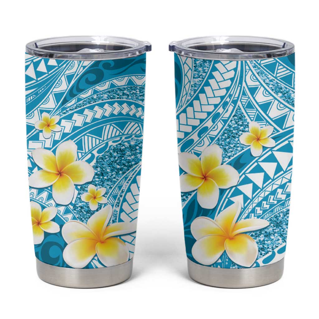 Plumeria Polynesian Sky Blue Glitter Pattern Tumbler Cup