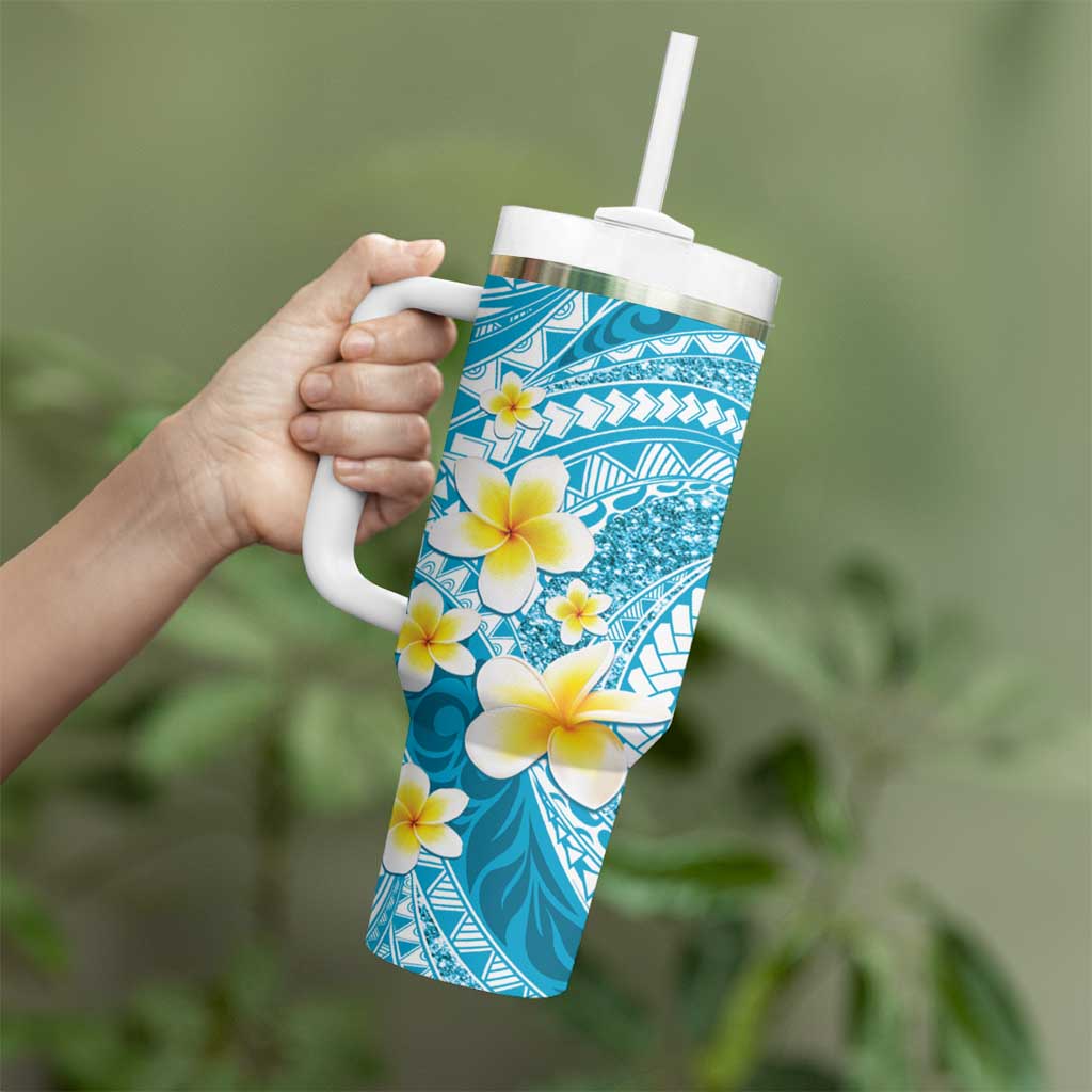 Plumeria Polynesian Sky Blue Glitter Pattern Tumbler With Handle