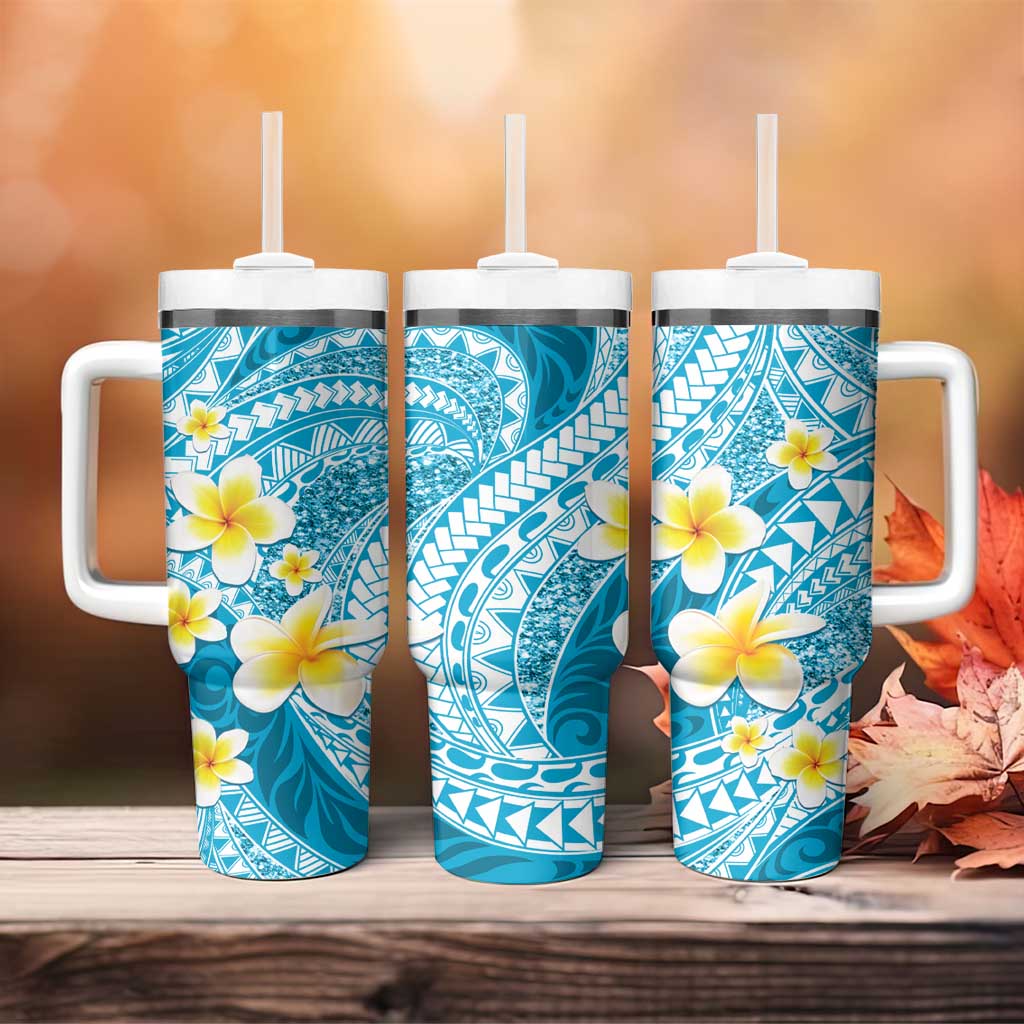 Plumeria Polynesian Sky Blue Glitter Pattern Tumbler With Handle