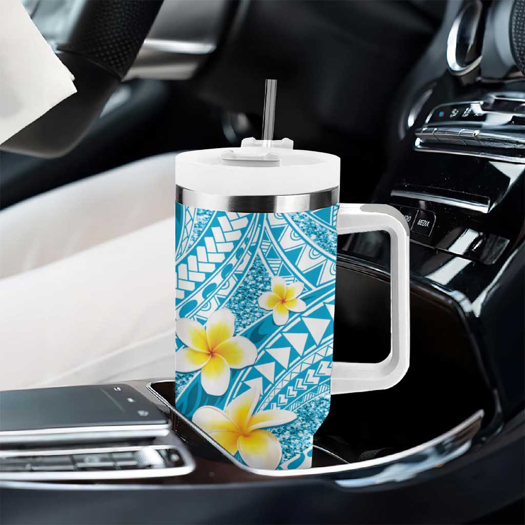 Plumeria Polynesian Sky Blue Glitter Pattern Tumbler With Handle