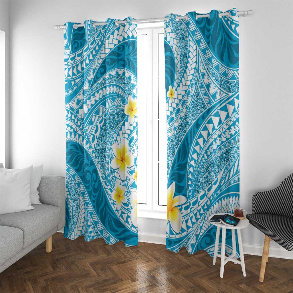 Plumeria Polynesian Sky Blue Glitter Pattern Window Curtain