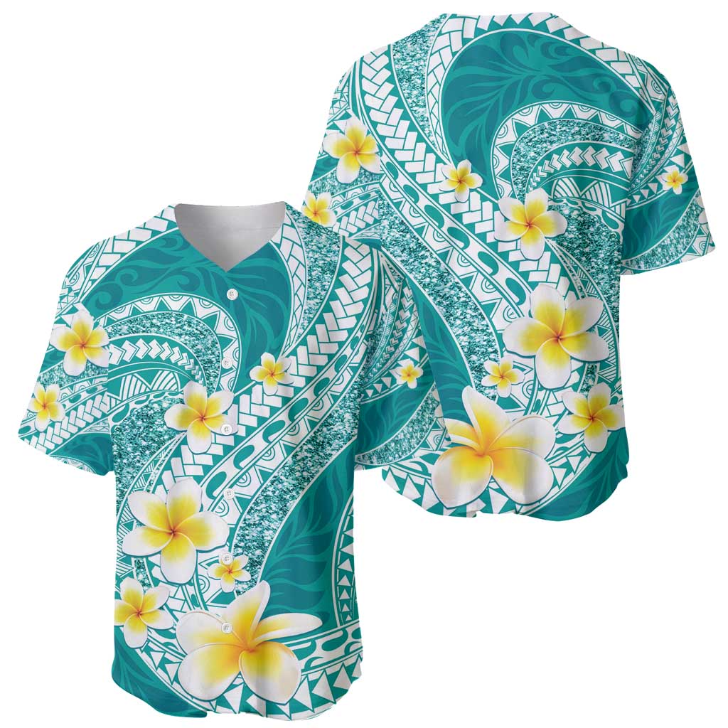 Plumeria Polynesian Teal Glitter Pattern Baseball Jersey