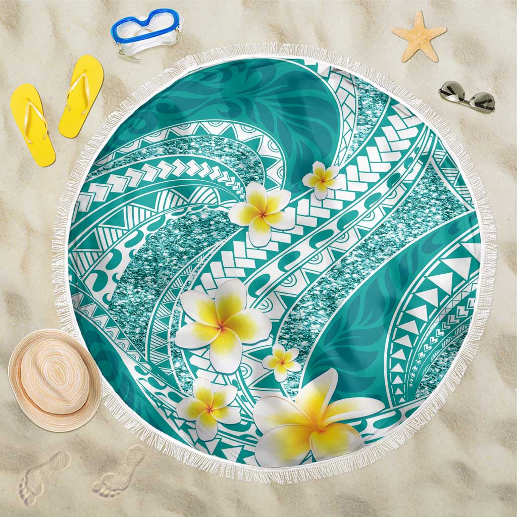 Plumeria Polynesian Teal Glitter Pattern Beach Blanket