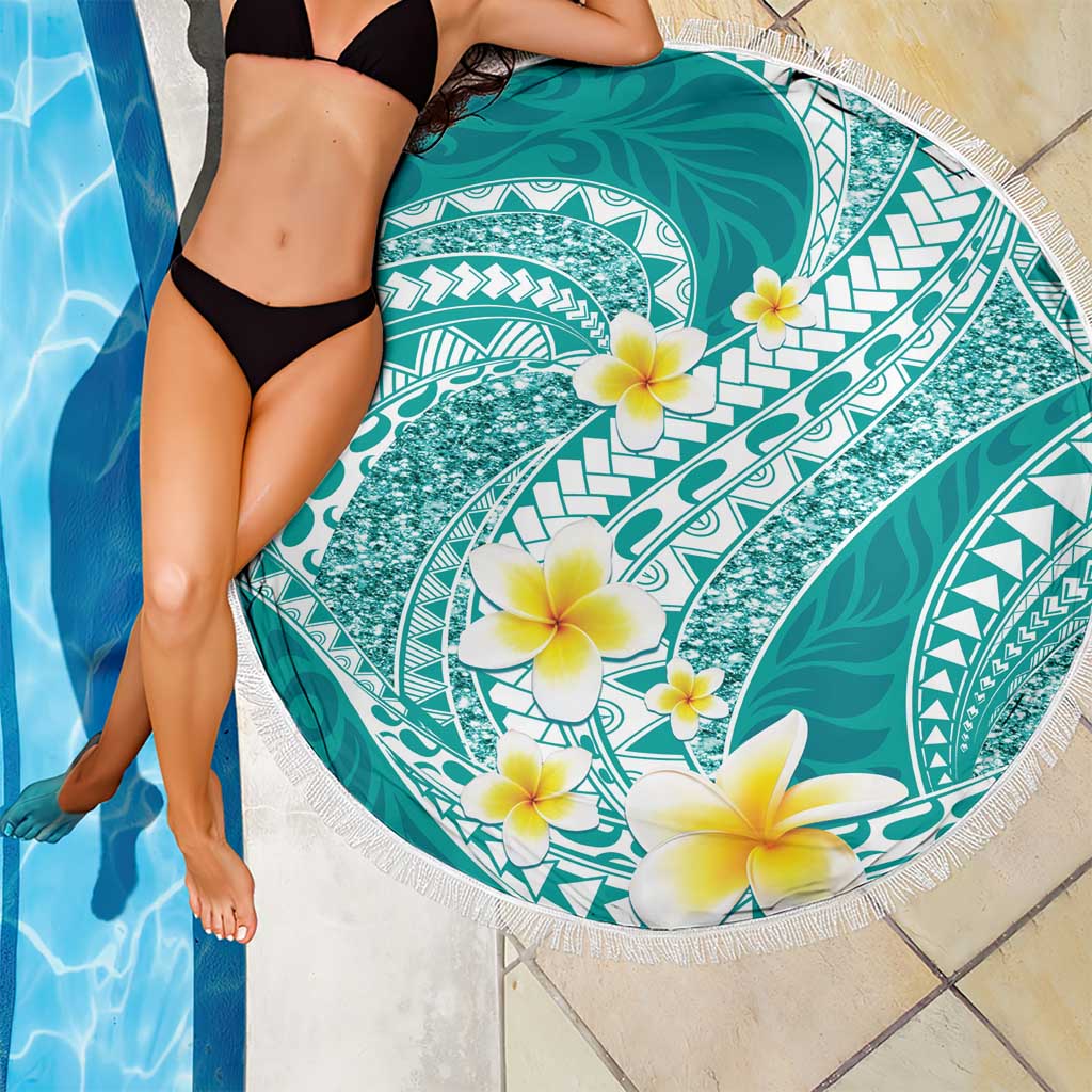 Plumeria Polynesian Teal Glitter Pattern Beach Blanket