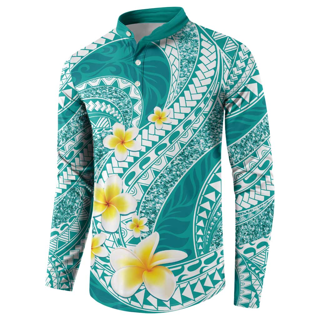 Plumeria Polynesian Teal Glitter Pattern Button Sweatshirt
