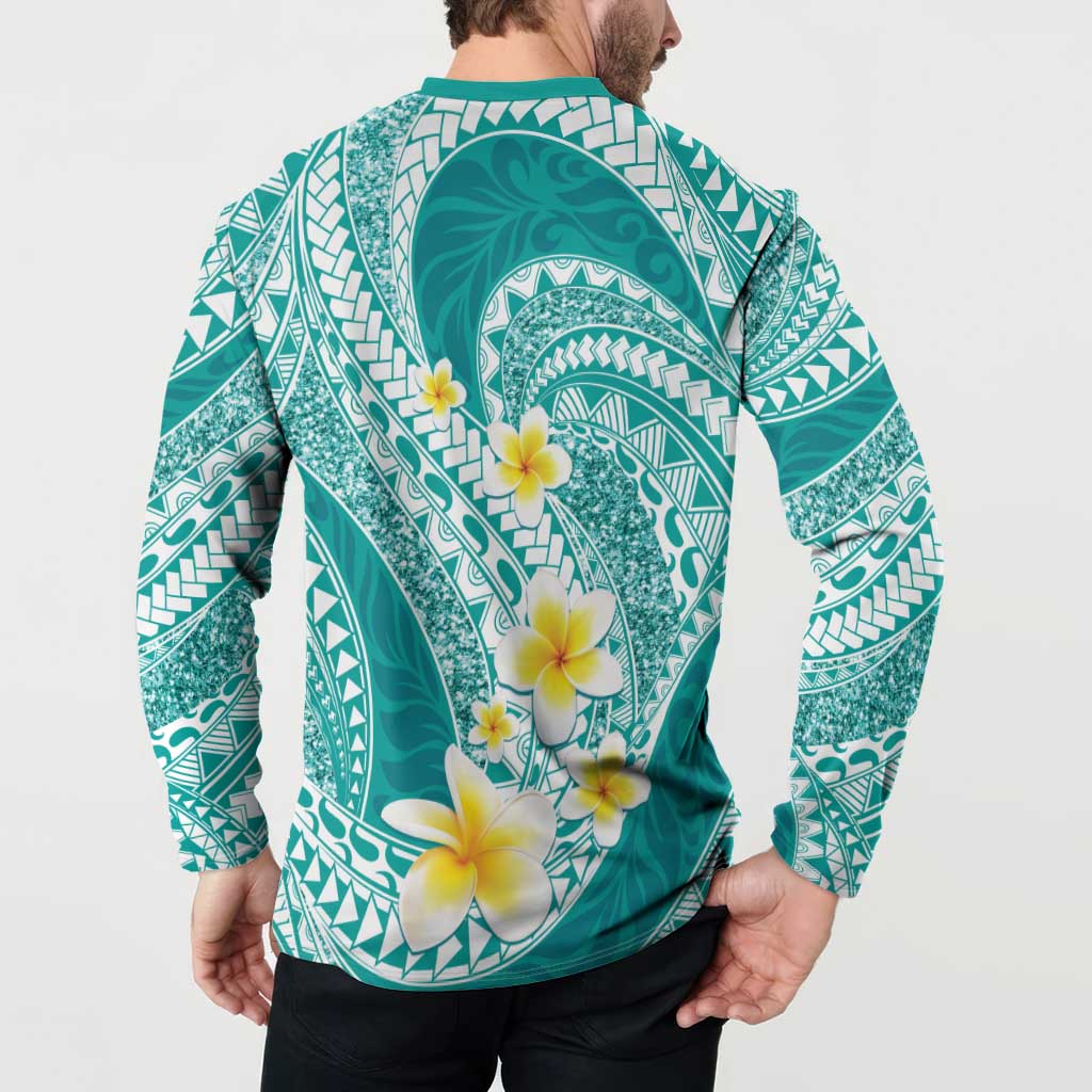 Plumeria Polynesian Teal Glitter Pattern Button Sweatshirt